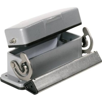 Weidmüller HDC chassishus i størrelse 5, grå aluminium med åbent låg og synlige låsearme på hvid baggrund.