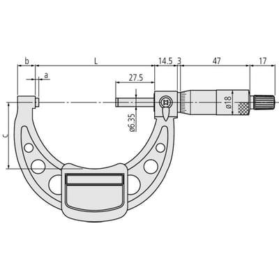 Teknisk tegning af udvendigt micrometer med dimensioner L, C, b, a, samt mål på spindel og cylinderdiameter.