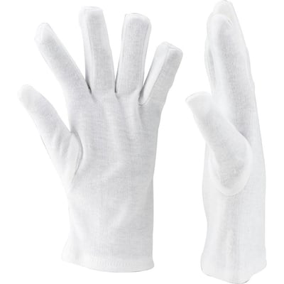 To hvide Supreme 13602 bomuldshandsker i str. 10-XL, hvor den ene ses i profil for at vise pasform og materiale.