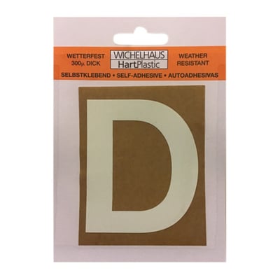Selvklæbende bogstav D i hvid farve, 50 mm højt, fra WICHELHAUS HartPlastic.