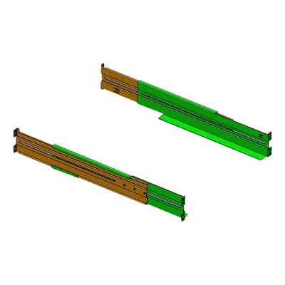 PowerWalker RK7 1U rackmonteringskit, bestående af to udtrækkelige skinner i brunt og grønt metal, vist på hvid baggrund.