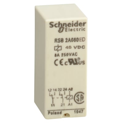 Schneider Electric RSB 2A080ED stikbensrelæ med 2 C/O kontakter, 8A 250VAC og 48VDC mærket. CE og cULus godkendt. Polen.