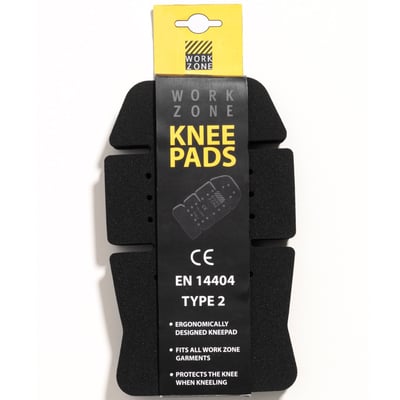 Sort FE Engel WorkZone-knæpude i ergonomisk form, vist med emballage og mærkning for EN 14404.