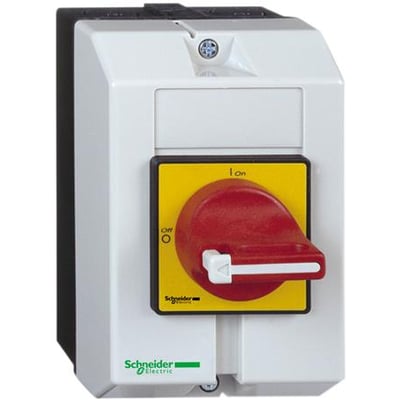 Schneider Electric Vario EMC sikkerhedsafbryder, 16A, 5,5kW, hvid med rødt/gult drejegreb, IP65.