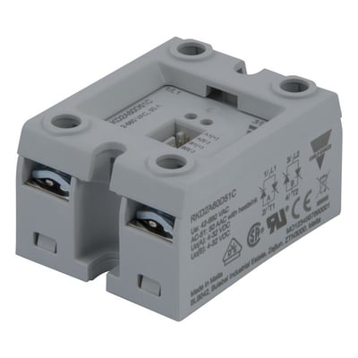 Gråt 2-polet solid state-relæ fra Carlo Gavazzi, model RKD2B60D50C, set skråt forfra med synlige tilslutninger.