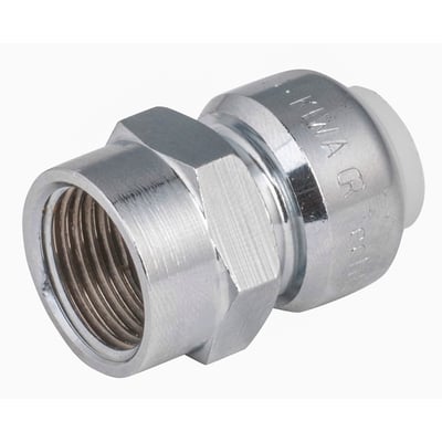 VSH Tectite overgangsmuffe i krom, 15 mm x ½" med indvendigt gevind på den ene side og et 15mm Tectite kliksystem på den anden.