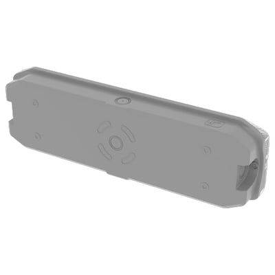 Gråt Ansell Lighting Guardian flugtvejs-/panikarmatur set fra siden med synlige monteringshuller og linsedetaljer.