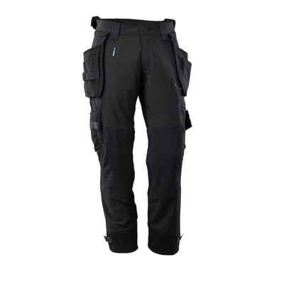 Mascot Buks advanced stretch i sort, med fokus på slidstærke CORDURA® knælommer og praktiske værktøjslommer for professionelt brug.