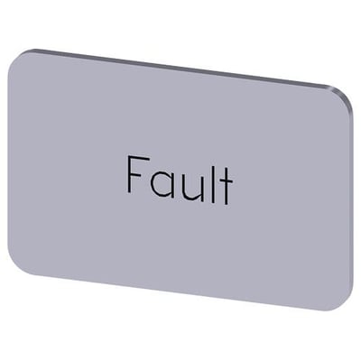 Siemens mærkningsplade 17.5 x 27 mm med sort tekst "Fault" på en sølvfarvet baggrund.