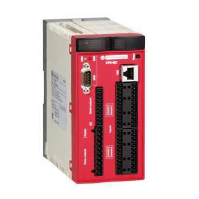 Schneider Electric nødstopmodul M 32I/8O, CAN-open med PL:e Cat.4 sikkerhed, 24V, 4NO og 6SS udgange, vist fra siden med fokus på tilslutningsterminaler og porte.