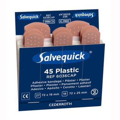 Salvequick plasterrefill med plastplastre i blå dispenseræske, sælges i pakke med 6 x 45 stk.