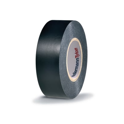 Sort HelaTape Flex 2000+ PVC-isoleringstape fra HellermannTyton på rulle, 19 mm bred og 20 meter lang.