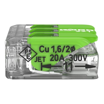 Wago 221 serie grøn fjedersamlemuffe med tre vippepaler og transparent hus, viser elektrisk specifikation.