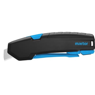 Martor SECUPRO 425 sikkerhedskniv med trapezblad, sort og blå, set fra siden med bladet trukket frem.