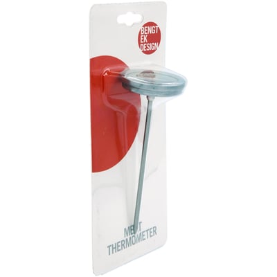 Klassisk stegetermometer fra Bengt Ek Design i originalemballage med stor rød cirkel på hvid baggrund.