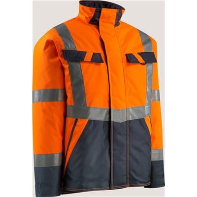 Mascot vinterjakke 15935-126 i str. XL, med fluorescerende orange og mørk marine farver, lodrette og vandrette reflekser.