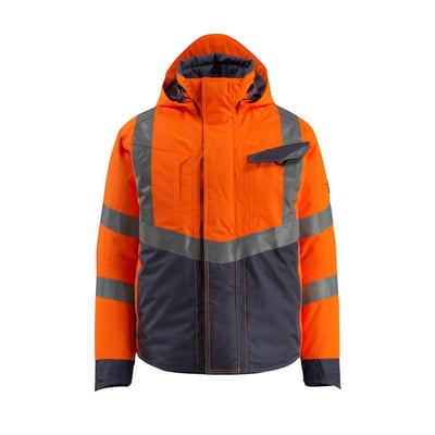 Mascot Pilotjakke Hastings Hi-Vis i orange og mørkeblå med synlige reflekser, stående forfra med hætten oppe.