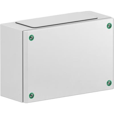Schneider Electric klemkasse i metal, 200 x 400 x 120 mm, RAL 7035 grå med fire grønne skruer på låget.
