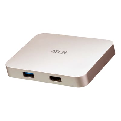 Aten USB-C 4K Ultra mini dock UH3235-AT i sølv, set skråt forfra med to USB-porte synlige.