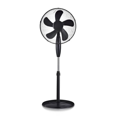 Sort V-TAC stålventilator med fem blade, rund fod og justerbar stander, set forfra.