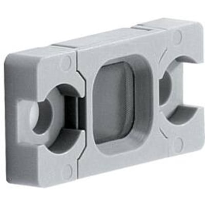 Omron Reflektor E39-R13, et gråt plastikhus med to rillede åbninger til rør og et centralt reflektorareal.