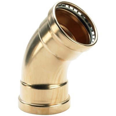 Viega Seapress presbøjning, 45 grader, 108 mm, fremstillet i messingfarvet CuNi10Fe1,6Mn-legering på hvid baggrund.