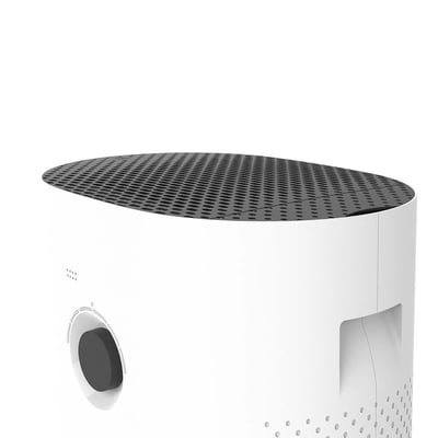 Nærbillede af toppen af Boneco H320 hybrid luftfugteren, der viser det perforerede, sorte låg og et kontrolpanel.