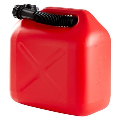 Rød benzindunk i kraftig plast med 10 liters kapacitet og sort fleksibel hældetud.