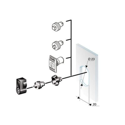Schneider Electric låseindsats med 6mm trekant og monteringsvejledning, viser komponenter og dimensioner for IP55 Spacial-serie.