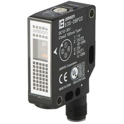 Omron E3S-DBP22 fotoelektrisk sensor med rød LED og M12 forbindelse, ideel til transparente objekter.