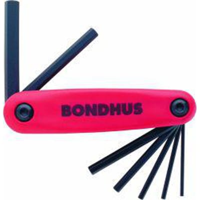Bondhus HF7 stiftnøglesæt i knivmodel med 7 dele, fra 2-8 mm, har et rødt GorillaGrip kompositgreb og sorte metalnøgler.