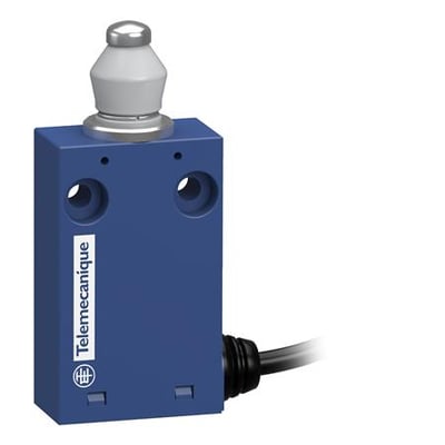 Telemecanique Sensors XCMH211AL1 endestopkontakt med blåt miniaturehus, sølvfarvet stempel og fast kabel.