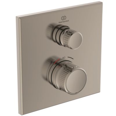 Ideal Standard Ceratherm NAVIGO indbygningsbrusearmatur Kit-2 i Silver Storm med to runde betjeningsgreb på en firkantet plade.