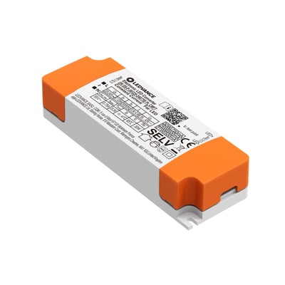 Ledvance LED-driver til Panel Comfort, 30 W og 750 mA, med hvidt hus, orange ender og synlig mærkning.