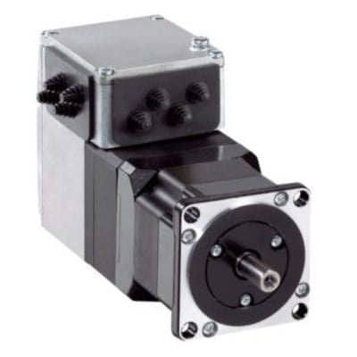 Schneider Electric servo integreret motor med 24..48 V, Modbus TCP og PCB connector på hvid baggrund.
