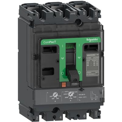 Schneider Electric ComPacT NSX160F 3-polet maksimalafbryder med 160A termisk-magnetisk relæ, vist med grøn afbryderhåndtag og mærkningsplader.