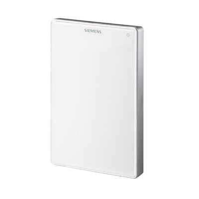 Siemens QMX3.P70 KNX rumføler til måling af temperatur, fugtighed og CO2, vist med hvid front og sølvfarvede kanter.