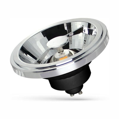 SpectrumLED AR111 GU10 LED-spot på 12 W med sort bagdel og sølvfarvet reflektor, set skråt forfra.