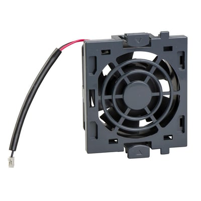 Schneider Electric ventilator til ATS48 softstartere, med grå plastramme og sort kabel med rød og sort ledning.