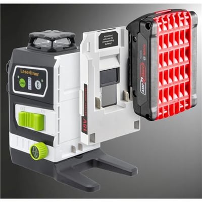 Laserliner Poweradapter 18V vist monteret på en grå laser med et Bosch 18V batteri tilsluttet.