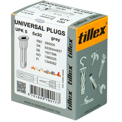 Grå kasse med Tillex Universal Plugs UPK5, 5x30 mm, 100 stk. Emballagen viser produktillustrationer og produktinformation.