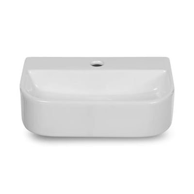 Mat hvid firkantet håndvask i keramik med mål 32x22x8,5 cm og centreret hanehul.
