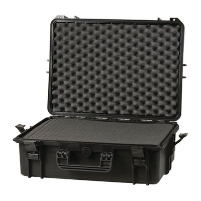 Åben Raaco FlightCase 5 kuffert, der viser det indre med skumindlæg i låget og bunden, klar til opbevaring af udstyr.