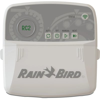 Rain Bird RC2 vandingscomputer med Wi-Fi og plads til 8 zoner, hvid, med tydeligt RC2 logo og betjeningsknapper.