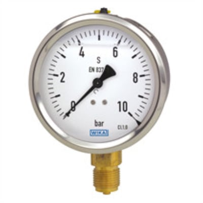 Væskefyldt manometer med rustfrit stålhus og G1/4 messingtilslutning nedad, måler op til 10 bar.