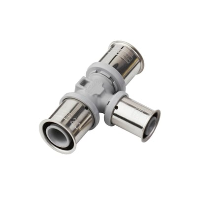 Roth PressCheck T-stykke 40x32x40 mm i grå PPSU og metal med tre muffetilslutninger til Alu-LaserPlus rør.