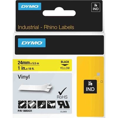 Emballagen til DYMO Rhino Professional vinyltape viser gul tape med sort tekst, 24 mm bred og 5,5 meter lang.