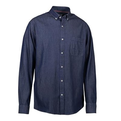 Seven Seas herreskjorte i indigo denim, str. 5XL, med knaplukning, brystlomme og button-down krave.