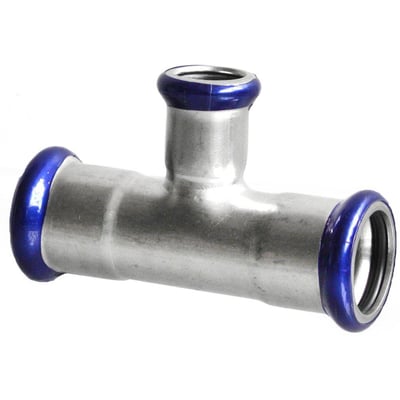 Unico S41FK-LBP T-stykke i syrefast stål med tre pressmuffer og blå EPDM O-ringe til 76,1 mm og 28 mm rør.