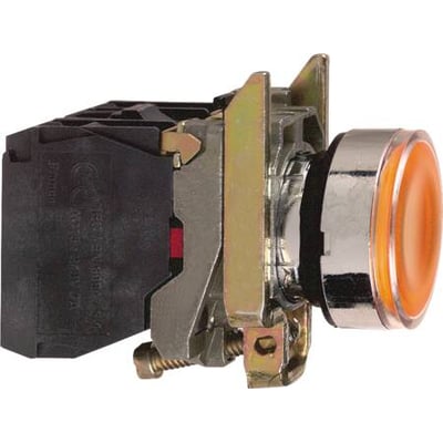 Schneider Electric Harmony XB4 lampetryk gul med LED, 24VACDC, 1NO ATEX. Visuelt viser produktet bagsiden af trykknappen med monteringsdetaljer.